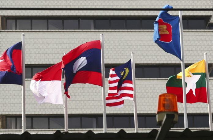 In this April 22, 2021, file photo, flags of some of the ASEAN member countries fly at the ASEAN Secretariat in Jakarta, Indonesia. Photo: Tatan Syuflana / AP File