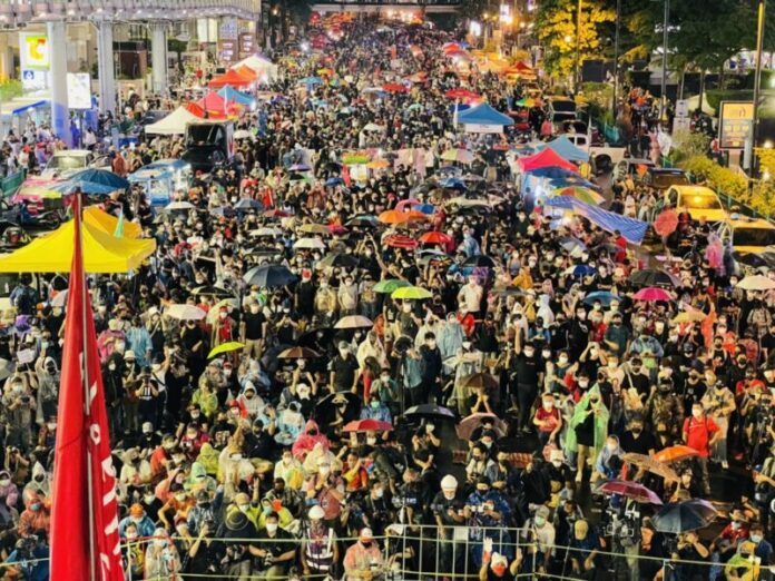 Anti-government protesters participate in a rally in Bangkok, Thailand, Sunday, Oct. 31, 2021.