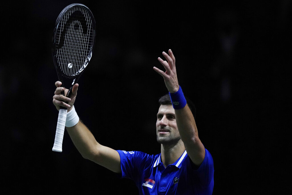 Serbia's Novak Djokovic after defeating Croatia's Marin Cilic during their Davis Cup tennis semi-final match at Madrid Arena in Madrid, Spain, on Dec. 3, 2021. Photo: Bernat Armangue / AP File