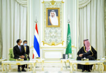 Saudi Restores Full Ties With Thailand After Diamond Dispute In this photo released by the Saudi Royal Palace, Saudi Crown Prince Mohammed bin Salman, right, meets with Thai Prime Minister Prayuth Chan-ocha, at the Royal Palace in Riyadh, Saudi Arabia, Tuesday, Jan. 25, 2022. Photo: Bandar Aljaloud / Saudi Royal Palace via AP