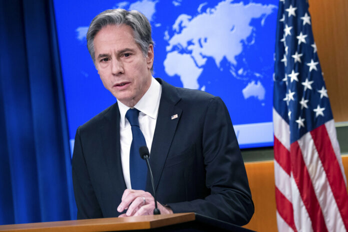 Secretary of State Antony Blinken speaks about Russia and Ukraine during a briefing at the State Department on Wednesday, Jan. 26, 2022, in Washington. Photo: Brendan Smialowski / Pool via AP