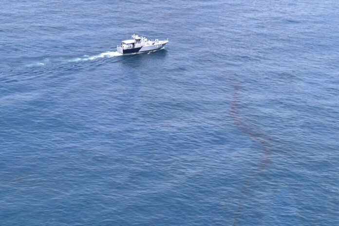 In this photo released by the Royal Thai Navy, an aerial view from a navy plane shows a large oil spill off the coast of Rayong, eastern Thailand, Thursday, Jan. 27, 2022. Photo: Royal Thai Navy via AP