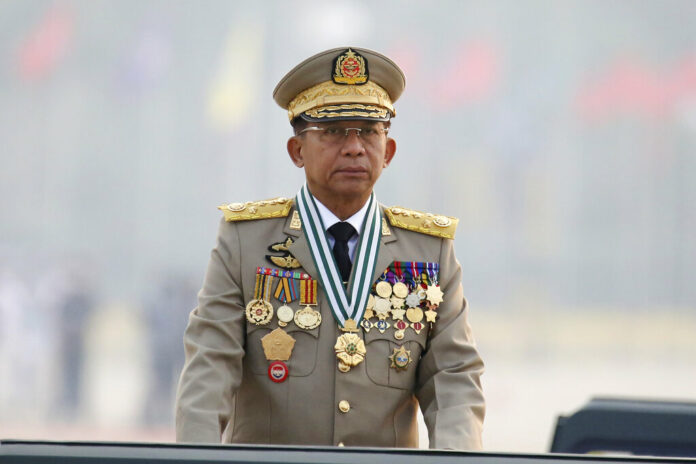 Myanmar's Commander-in-Chief Senior General Min Aung Hlaing presides an army parade on Armed Forces Day in Naypyitaw, Myanmar, Saturday, March 27, 2021. Photo: AP