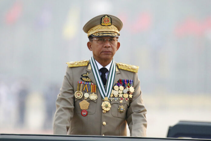 Myanmar's Commander-in-Chief Senior General Min Aung Hlaing presides an army parade on Armed Forces Day in Naypyitaw, Myanmar, Saturday, March 27, 2021. Photo: AP Myanmar's Commander-in-Chief Senior General Min Aung Hlaing presides an army parade on Armed Forces Day in Naypyitaw, Myanmar, Saturday, March 27, 2021. Photo: AP