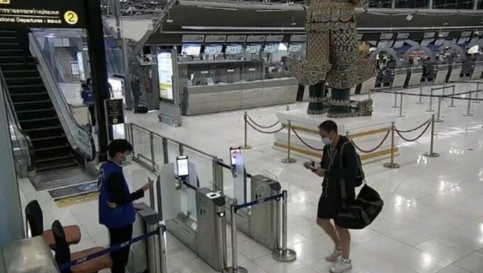 A still from CCTV footage showing one of the suspects leaving Thailand at Suvarnabhumi Airport on Feb. 6, 2022.