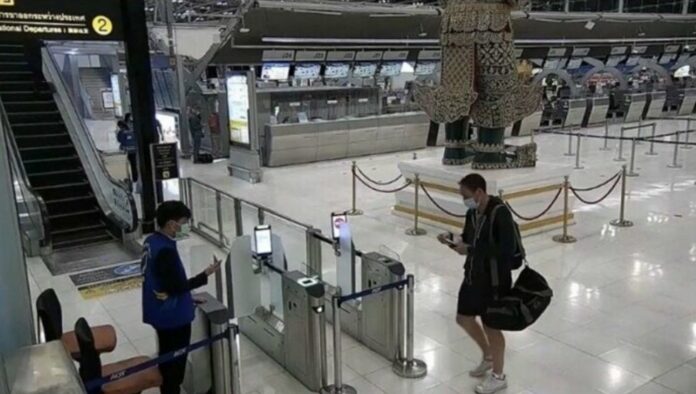 A still from CCTV footage showing one of the suspects leaving Thailand at Suvarnabhumi Airport on Feb. 6, 2022. A still from CCTV footage showing one of the suspects leaving Thailand at Suvarnabhumi Airport on Feb. 6, 2022.