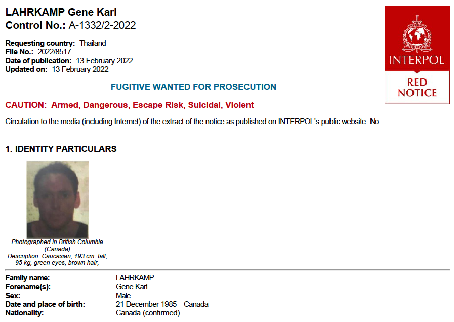 A screenshot of Interpol Red Notice for Gene Karl Lahrkamp.