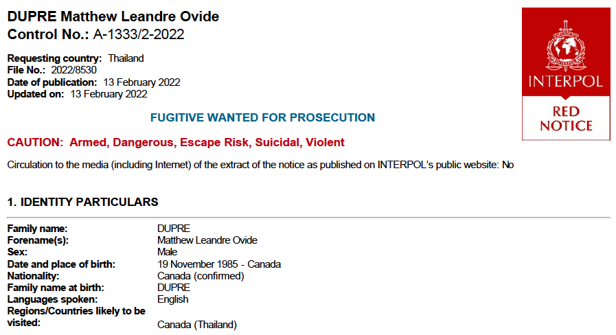 A screenshot of Interpol Red Notice for Matthew Leandre Ovide Dupre.