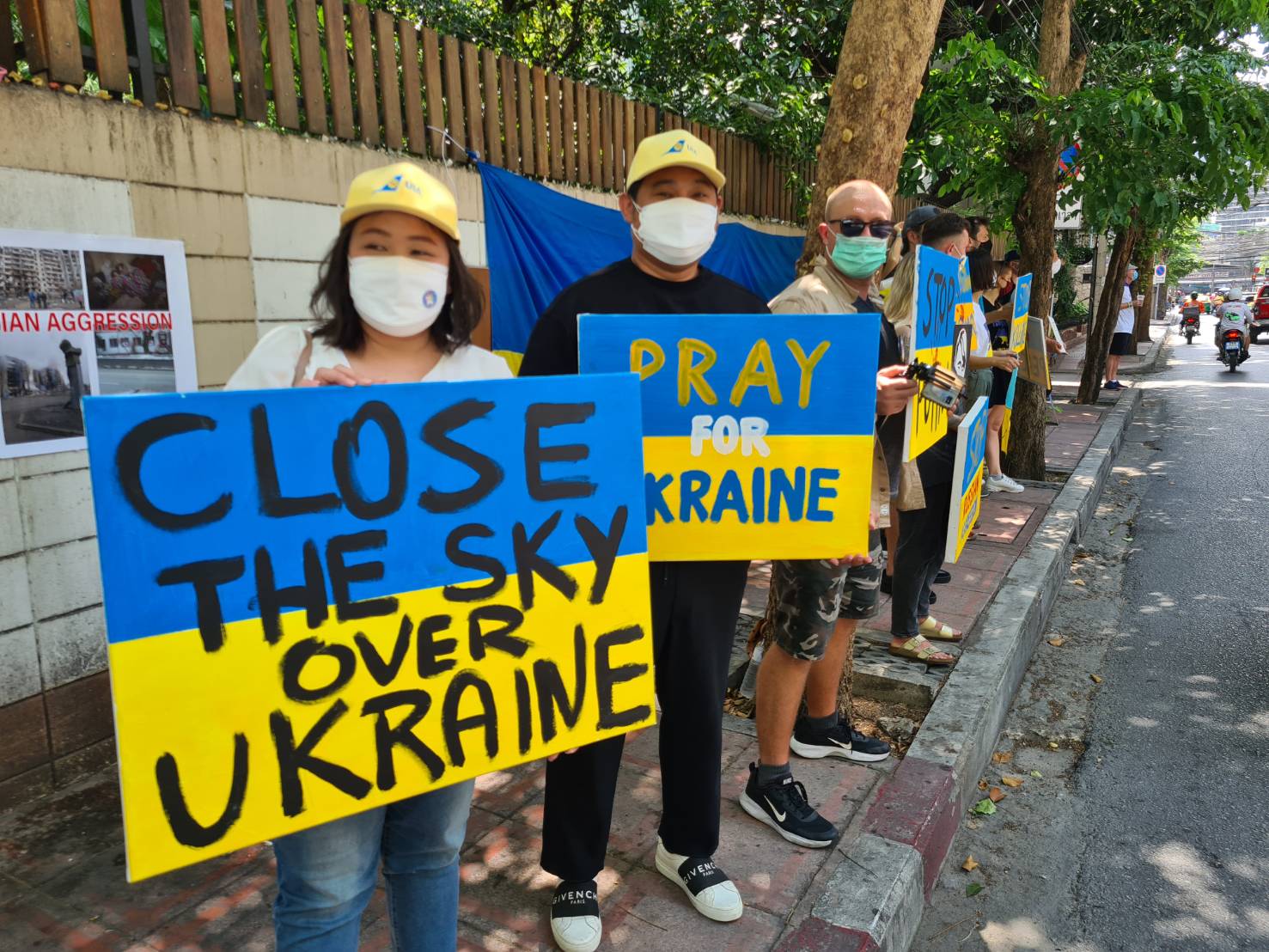 Anti-war protesters in front of the Russian Embassy in Bangkok on Mar. 15, 2022.