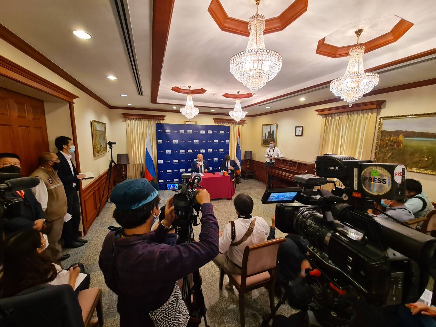 Russian ambassador to Thailand Evgeny Tomikhin speaks during a press conference at the Russian Embassy in Bangkok on Mar. 15, 2022.