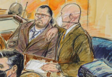 1st Trial in Capitol Riot Ends in Conviction on All Counts FILE - This artist sketch depicts Guy Wesley Reffitt, joined by his lawyer William Welch, right, in Federal Court, in Washington, on Feb. 28, 2022. Image: Dana Verkouteren via AP