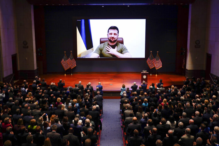 Ukrainian President Volodymyr Zelenskyy speaks to the U.S. Congress by video to plead for support as his country is besieged by Russian forces, at the Capitol in Washington, Wednesday, March 16, 2022. Photo: J. Scott Applewhite, Pool
