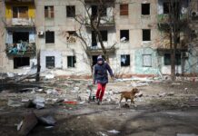 Russian Pledge To Scale Back in Ukraine Draws Skepticism A man walks with his dog near an apartment building damaged by shelling from fighting on the outskirts of Mariupol, Ukraine, in territory under control of the separatist government of the Donetsk People's Republic, on Tuesday, March 29, 2022. Photo: Alexei Alexandrov / AP