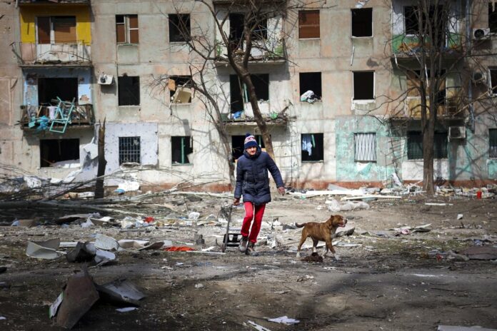 A man walks with his dog near an apartment building damaged by shelling from fighting on the outskirts of Mariupol, Ukraine, in territory under control of the separatist government of the Donetsk People's Republic, on Tuesday, March 29, 2022. Photo: Alexei Alexandrov / AP