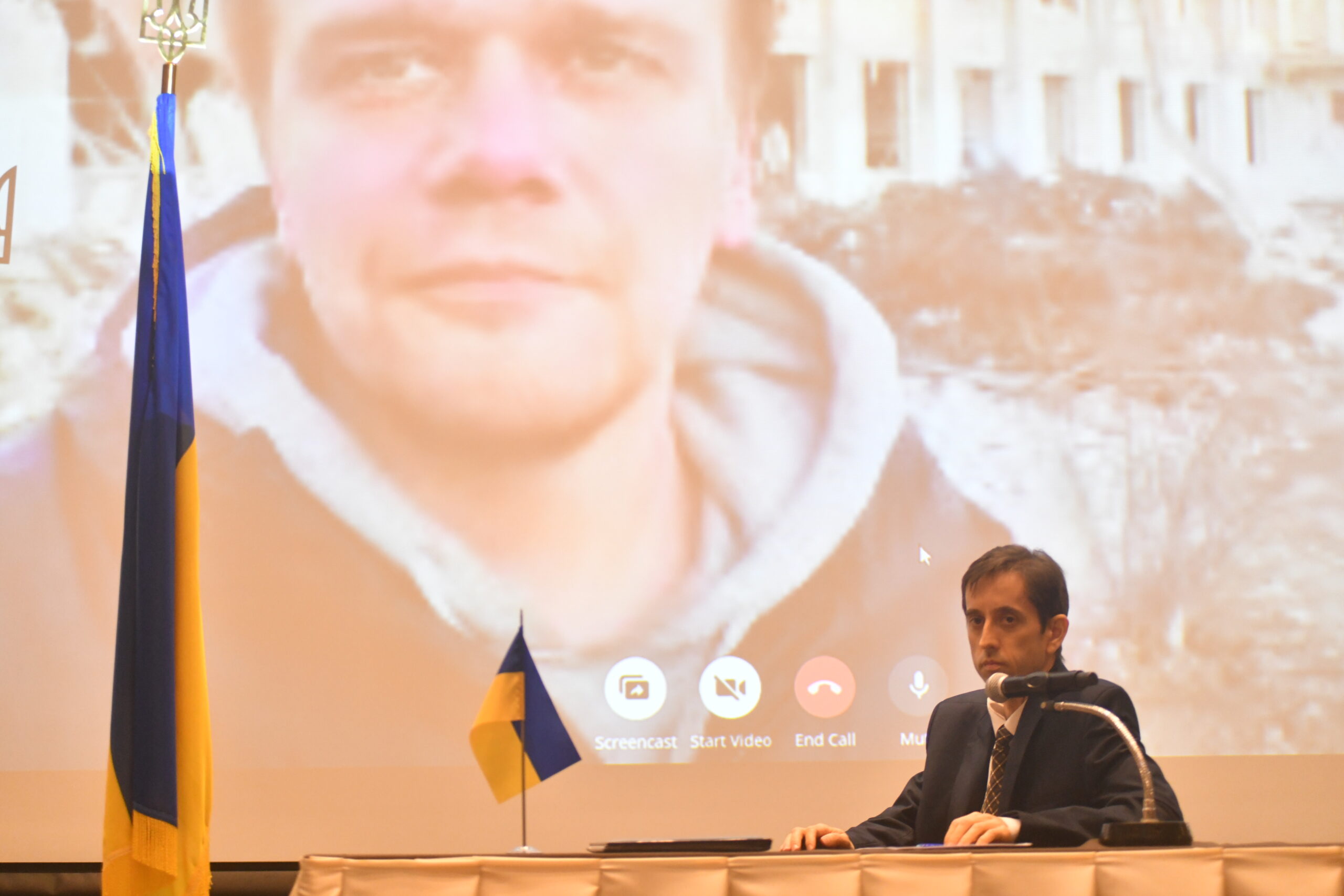 A livestream from Ukraine is shown during the event.