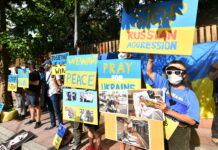 Opinion: Russia’s Invasion of Ukraine Through Thai Lenses Anti-war protest in front of the Russian Embassy in Bangkok on Mar. 19, 2022.