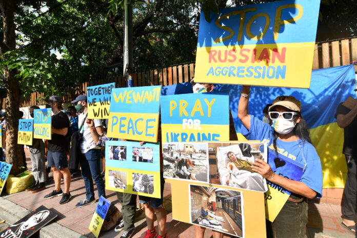 Anti-war protest in front of the Russian Embassy in Bangkok on Mar. 19, 2022. Anti-war protest in front of the Russian Embassy in Bangkok on Mar. 19, 2022.