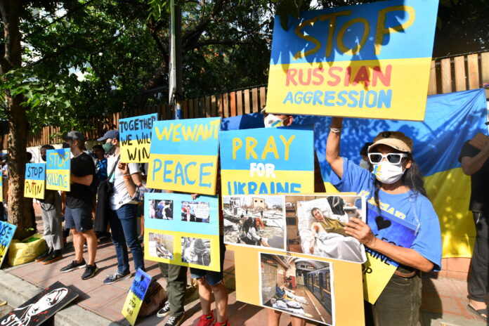 Anti-war protest in front of the Russian Embassy in Bangkok on Mar. 19, 2022.