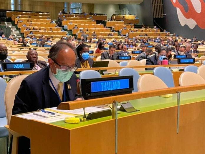 Thailand's permanent representative to the U.N Suriya Chindawongse during a meeting of the U.N. General Assembly on April 7, 2022. Photo: Permanent Mission of Thailand to the UN / Twitter