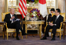 Biden: US Would Intervene Militarily if China Invades Taiwan U.S. President Joe Biden, left, talks to Japanese Prime Minister Fumio Kishida during a bilateral meeting at Akasaka Palace, Monday, May 23, 2022, in Tokyo. Photo: Evan Vucci / AP