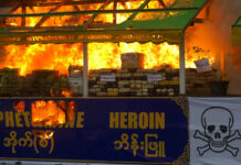 1B Meth Pills: East, SE Asia Drug Industry Hits Ominous Peak FILE - Smokes and flames billow from burning narcotic drugs during a destruction ceremony of seized narcotic drugs in outskirts of Yangon, Myanmar on June 26, 2018. Photo: Thein Zaw / AP File