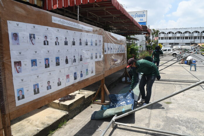 Workers set up polling station for the upcoming Bangkok gubernatorial election on May 15, 2022.