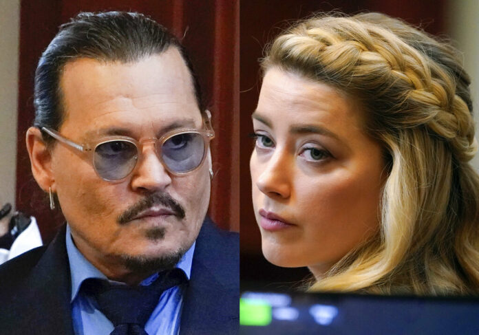 This combination of two separate photos shows actors Johnny Depp, left, and Amber Heard in the courtroom for closing arguments at the Fairfax County Circuit Courthouse in Fairfax, Va., on Friday, May 27, 2022. Photos: Steve Helber / Pool