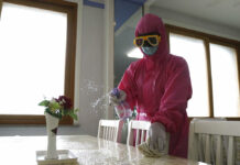 WHO Believes COVID Getting Worse, Not Better in North Korea FILE - An employee of Pyongyang Dental Hygiene Products Factory disinfects the floor of a dinning room as the state increased measures to stop the spread of illness in Pyongyang, North Korea, May 16, 2022. Photo: Cha Song Ho / AP File