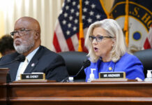 Capitol Riot Panel Blames Trump for 1/6 ‘Attempted Coup’ Vice Chair Liz Cheney, R-Wyo., gives her opening remarks as Committee Chairman Rep. Bennie Thompson, D-Miss., left, looks on, as the House select committee investigating the Jan. 6 attack on the U.S. Capitol holds its first public hearing to reveal the findings of a year-long investigation, at the Capitol in Washington, Thursday, June 9, 2022. Photo: J. Scott Applewhite / AP