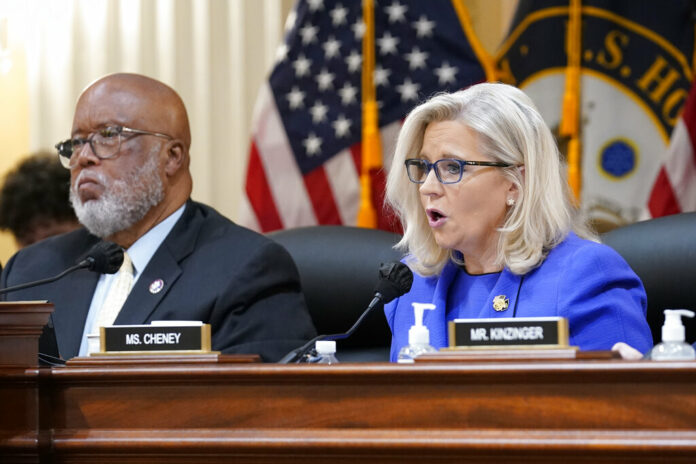 Vice Chair Liz Cheney, R-Wyo., gives her opening remarks as Committee Chairman Rep. Bennie Thompson, D-Miss., left, looks on, as the House select committee investigating the Jan. 6 attack on the U.S. Capitol holds its first public hearing to reveal the findings of a year-long investigation, at the Capitol in Washington, Thursday, June 9, 2022. Photo: J. Scott Applewhite / AP Vice Chair Liz Cheney, R-Wyo., gives her opening remarks as Committee Chairman Rep. Bennie Thompson, D-Miss., left, looks on, as the House select committee investigating the Jan. 6 attack on the U.S. Capitol holds its first public hearing to reveal the findings of a year-long investigation, at the Capitol in Washington, Thursday, June 9, 2022. Photo: J. Scott Applewhite / AP