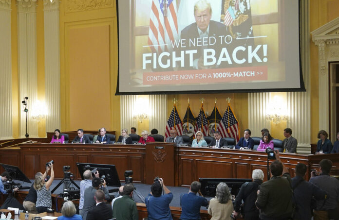 A video of former President Donald Trump speaking is displayed as the House select committee investigating the Jan. 6 attack on the U.S. Capitol continues to reveal its findings of a year-long investigation, at the Capitol in Washington, Monday, June 13, 2022. Photo: Mandel Ngan / Pool via AP A video of former President Donald Trump speaking is displayed as the House select committee investigating the Jan. 6 attack on the U.S. Capitol continues to reveal its findings of a year-long investigation, at the Capitol in Washington, Monday, June 13, 2022. Photo: Mandel Ngan / Pool via AP