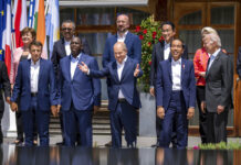 G7 Leaders Wrap up Summit Meant To Bolster Ukraine Support German Chancellor Olaf Scholz, centre stands between from foreground left, Emmanuel Macron, President of France, Macky Sall, President of Senegal, Jako Widodo, President of Indonesia, and U.S. President Joe Biden for a group photo with the outreach guests, at the G7 summit, in Kruen, Germany, Monday, June 27, 2022. Photo: Michael Kappeler / Pool Photo via AP