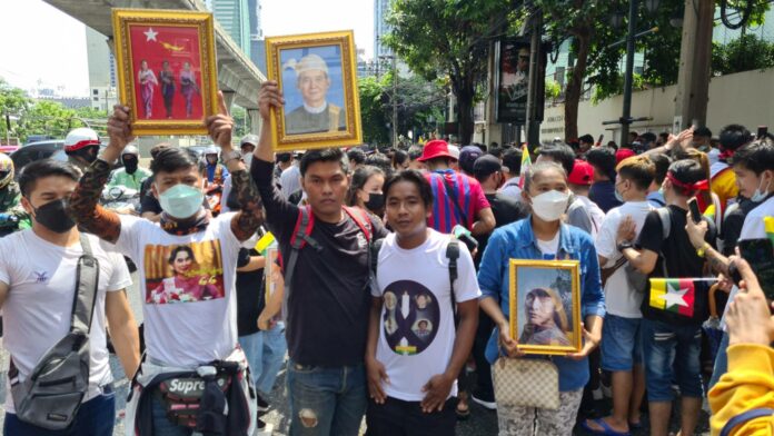 Anti-junta protest in front of the Myanmar Embassy in Bangkok on July 26, 2022.