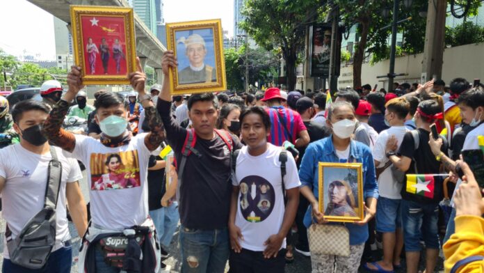 Anti-junta protest in front of the Myanmar Embassy in Bangkok on July 26, 2022. Anti-junta protest in front of the Myanmar Embassy in Bangkok on July 26, 2022.