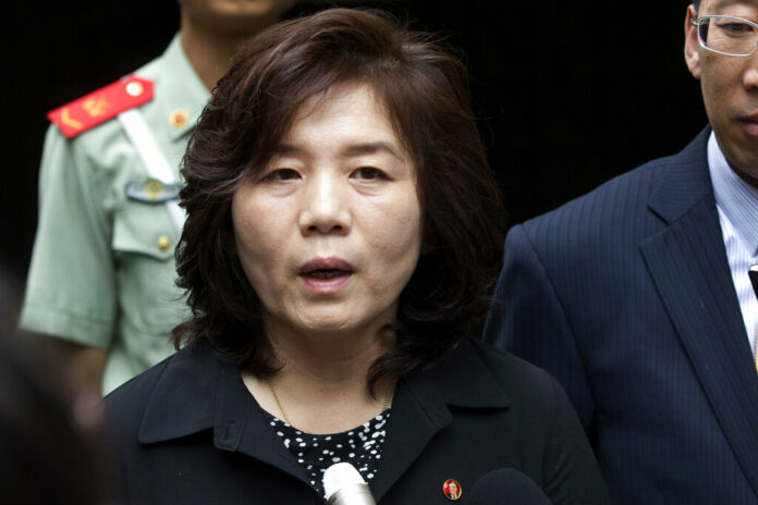 FILE - Choe Sun Hui, then deputy director general of the Department of U.S. Affairs of North Korea Foreign Ministry, briefs journalists outside the North Korean embassy in Beijing, China, on June 23, 2016. Photo: Andy Wong / AP File