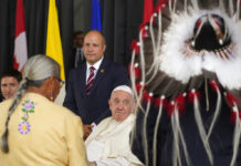 Pope Set for Historic Apology for School Abuses in Canada Pope Francis meets the Canadian Indigenous people as he arrives at Edmonton's International airport, Canada, Sunday, July 24, 2022. Photo: Gregorio Borgia / AP