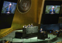 World One Step From ‘Nuclear Annihilation,’ UN Chief Warns United Kingdom of Great Britain and Northern Ireland's Minister of State for Foreign Commonwealth and Development Affairs Graham Stuart addresses the 2022 Nuclear Non-Proliferation Treaty (NPT) review conference, in the United Nations General Assembly, Monday, Aug. 1, 2022. Photo: Yuki Iwamura / AP