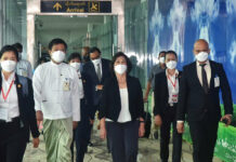 UN Special Envoy to Myanmar Arrives on Inaugural Visit In this image provided by the Military True News Information Team, United Nations special envoy Noeleen Heyzer, center, arrives at the Yangon International Airport, Tuesday, Aug. 16, 2022, in Yangon, Myanmar. Photo: Myanmar True News information Team via AP