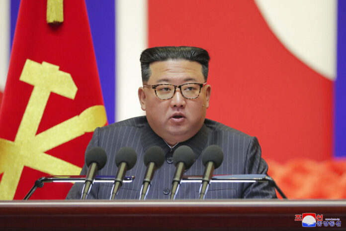 FILE - In this photo provided by the North Korean government, North Korean leader Kim Jong Un speaks during a 