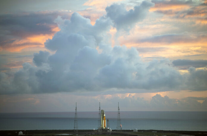 The NASA moon rocket stands ready at sunrise on Pad 39B before the Artemis 1 mission to orbit the moon at the Kennedy Space Center, Monday, Aug. 29, 2022, in Cape Canaveral, Fla. Photo: Joel Kowsky / NASA via AP The NASA moon rocket stands ready at sunrise on Pad 39B before the Artemis 1 mission to orbit the moon at the Kennedy Space Center, Monday, Aug. 29, 2022, in Cape Canaveral, Fla. Photo: Joel Kowsky / NASA via AP