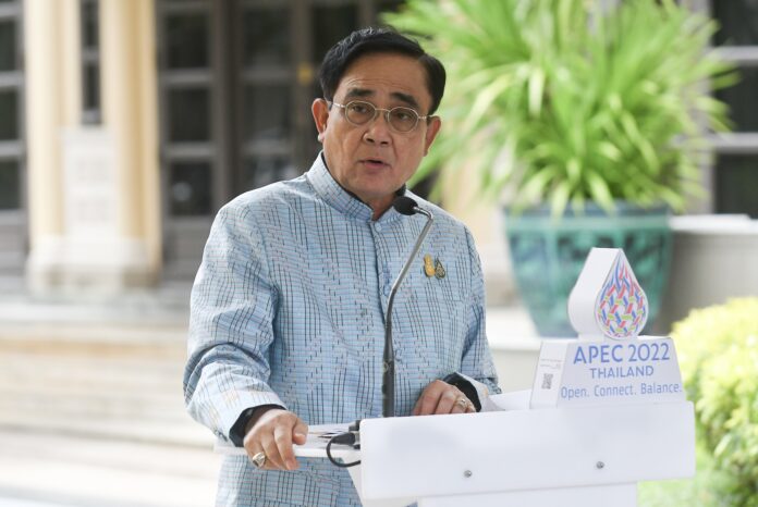 PM Prayut Chan-o-cha speaks to reporters at Government House on Aug. 16, 2022. PM Prayut Chan-o-cha speaks to reporters at Government House on Aug. 16, 2022.