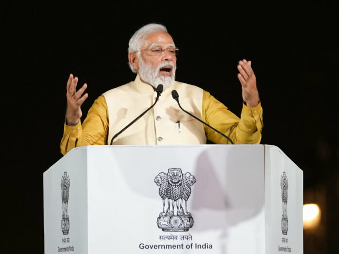 Indian Prime Minister Narendra Modi speaks at the inauguration of the revamped Central Vista Avenue at the India Gate in New Delhi, India, Thursday, Sept. 8, 2022. Photo: Manish Swarup / AP Indian Prime Minister Narendra Modi speaks at the inauguration of the revamped Central Vista Avenue at the India Gate in New Delhi, India, Thursday, Sept. 8, 2022. Photo: Manish Swarup / AP