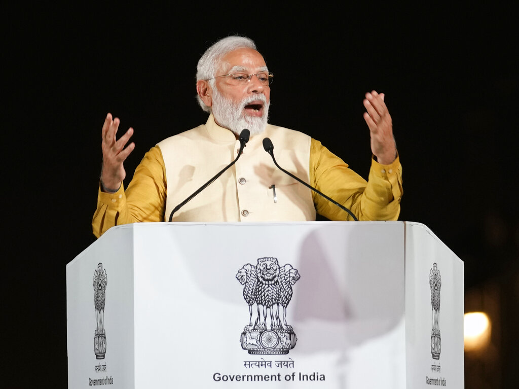 Indian Prime Minister Narendra Modi speaks at the inauguration of the revamped Central Vista Avenue at the India Gate in New Delhi, India, Thursday, Sept. 8, 2022. Photo: Manish Swarup / AP