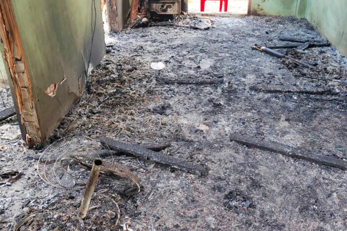 Debris and soot cover the floor of a middle school in Let Yet Kone village in Tabayin township in the Sagaing region of Myanmar on Saturday, Sept. 17, 2022, the day after an air strike hit the school. Photo: AP