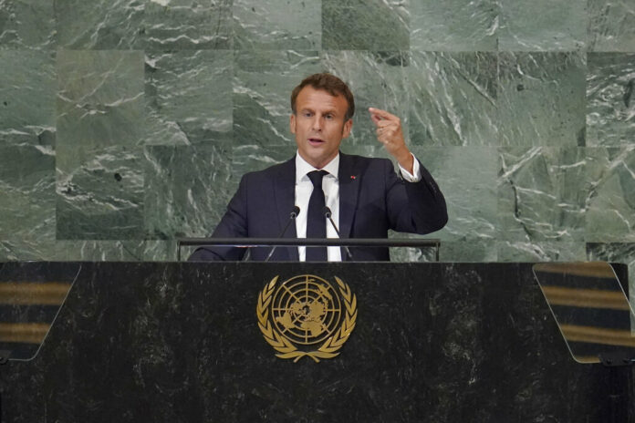 President of France Emmanuel Macron addresses the 77th session of the United Nations General Assembly, Tuesday, Sept. 20, 2022 at U.N. headquarters. Photo: Mary Altaffer / AP