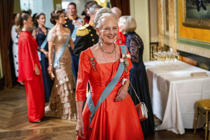 FILE - Queen Margrethe II of Denmark greets guests during a break at the Danish Royal Theatre to mark the 50th anniversary of Danish Queen Margrethe II's accession to the throne in Copenhagen, Saturday, Sept. 10, 2022. Photo: Ida Marie Odgaard / Ritzau Scanpix via AP File