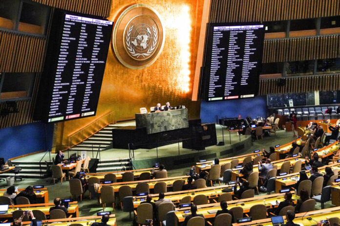 Video monitors show member nation vote in the United Nations General Assembly in favor of a resolution condemning Russia's illegal referendum in Ukraine, Wednesday Oct. 12, 2022 at U.N. headquarters. Photo: Bebeto Matthews / AP Video monitors show member nation vote in the United Nations General Assembly in favor of a resolution condemning Russia's illegal referendum in Ukraine, Wednesday Oct. 12, 2022 at U.N. headquarters. Photo: Bebeto Matthews / AP