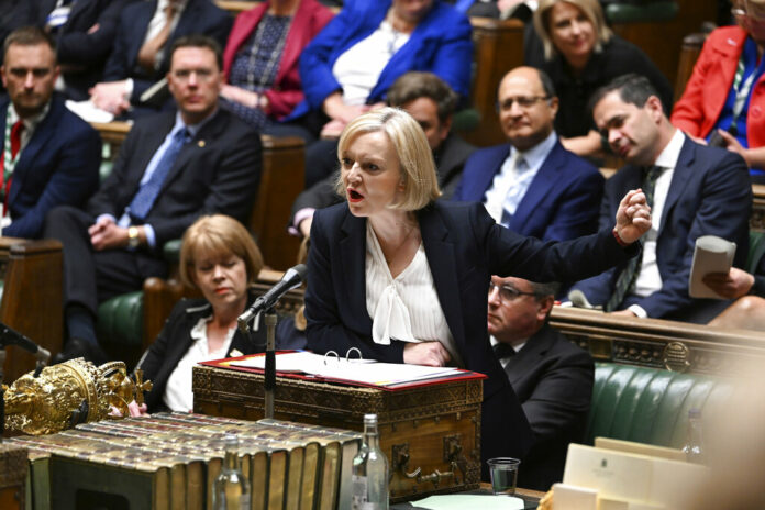 In this handout photo provided by UK Parliament, Britain's Prime Minister Liz Truss speaks during Prime Minister's Questions in the House of Commons in London, Wednesday, Oct. 19, 2022. Photo: Jessica Taylor / UK Parliament via AP