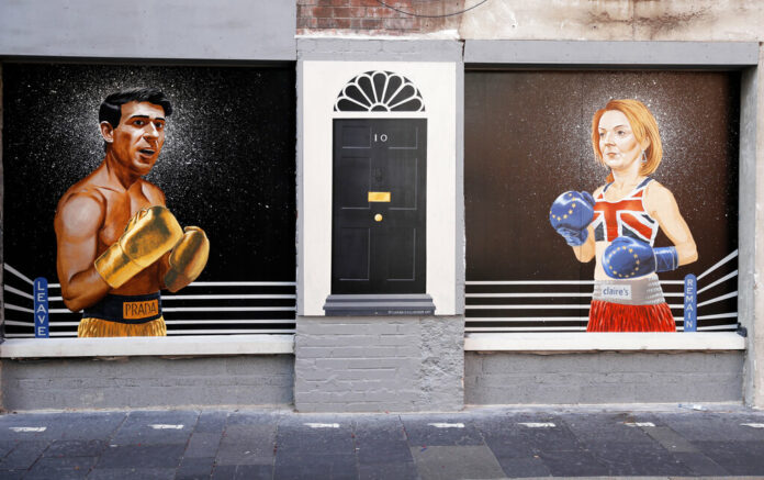 FILE - A new mural showing the two Conservative leadership contestants Rishi Sunak and Liz Truss appears on a wall in Belfast City Centre, Northern Ireland, Tuesday, Aug. 16, 2022. Photo: Peter Morrison / AP File