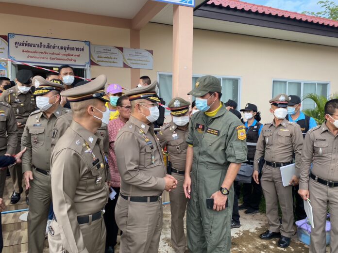 Police outside Uthai Sawan childcare center in Nong Bua Lamphu province on Oct. 6, 2022. Police outside Uthai Sawan childcare center in Nong Bua Lamphu province on Oct. 6, 2022.